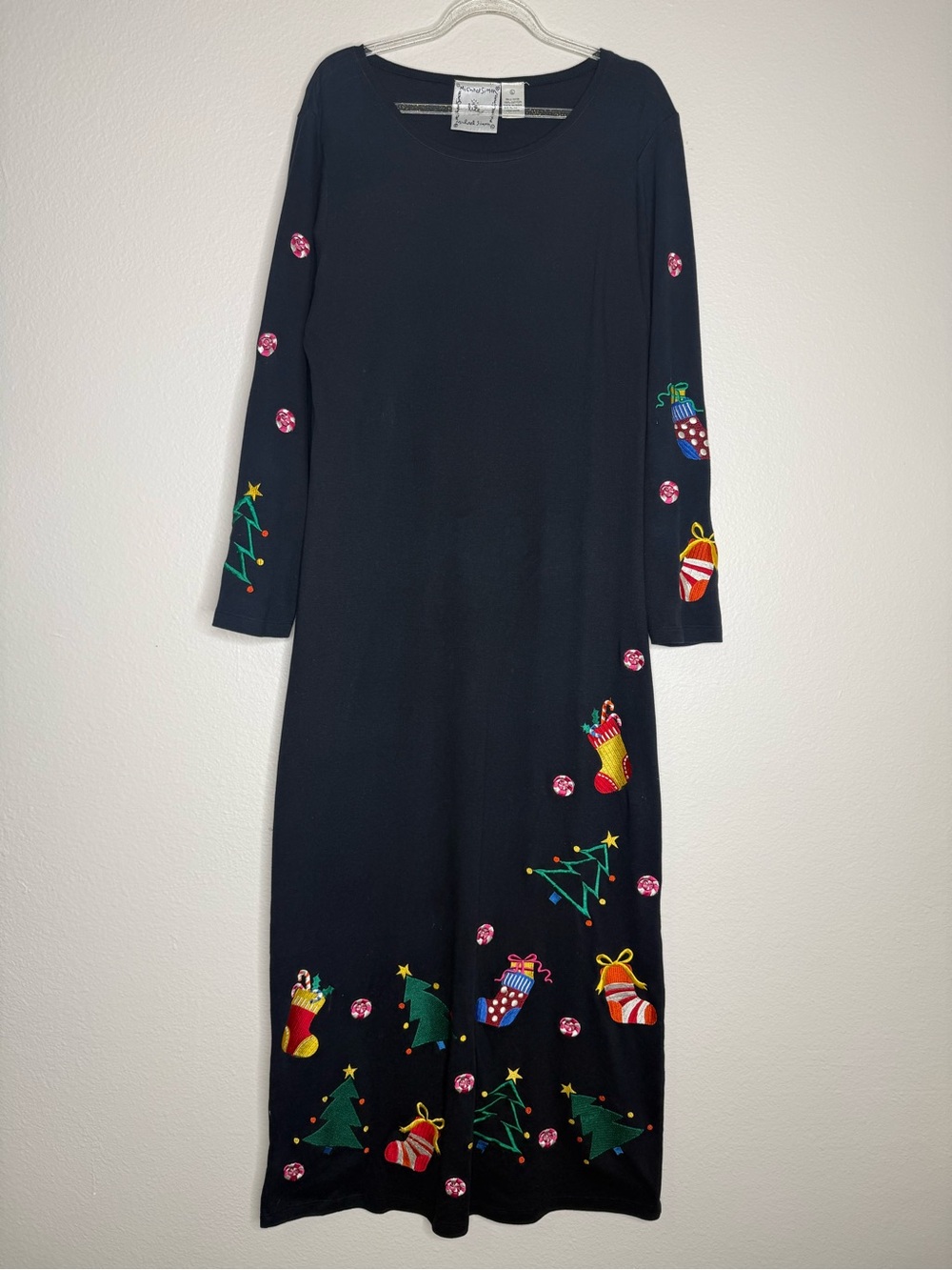 Michael Simon Black Maxi Dress Christmas Embroidered Festive Lg